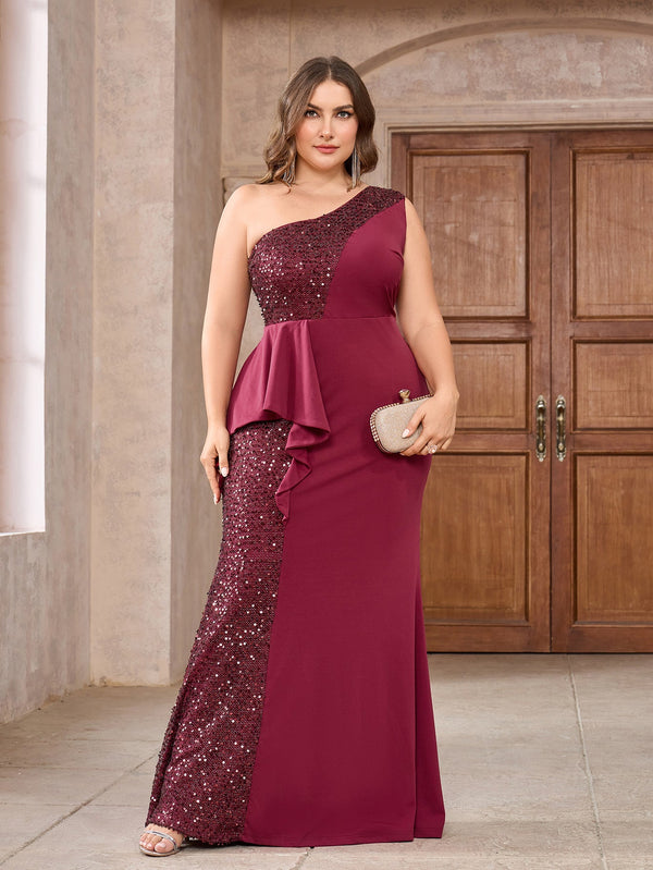 Sequin Panel Maxi Dress with One-Shoulder and Peplum