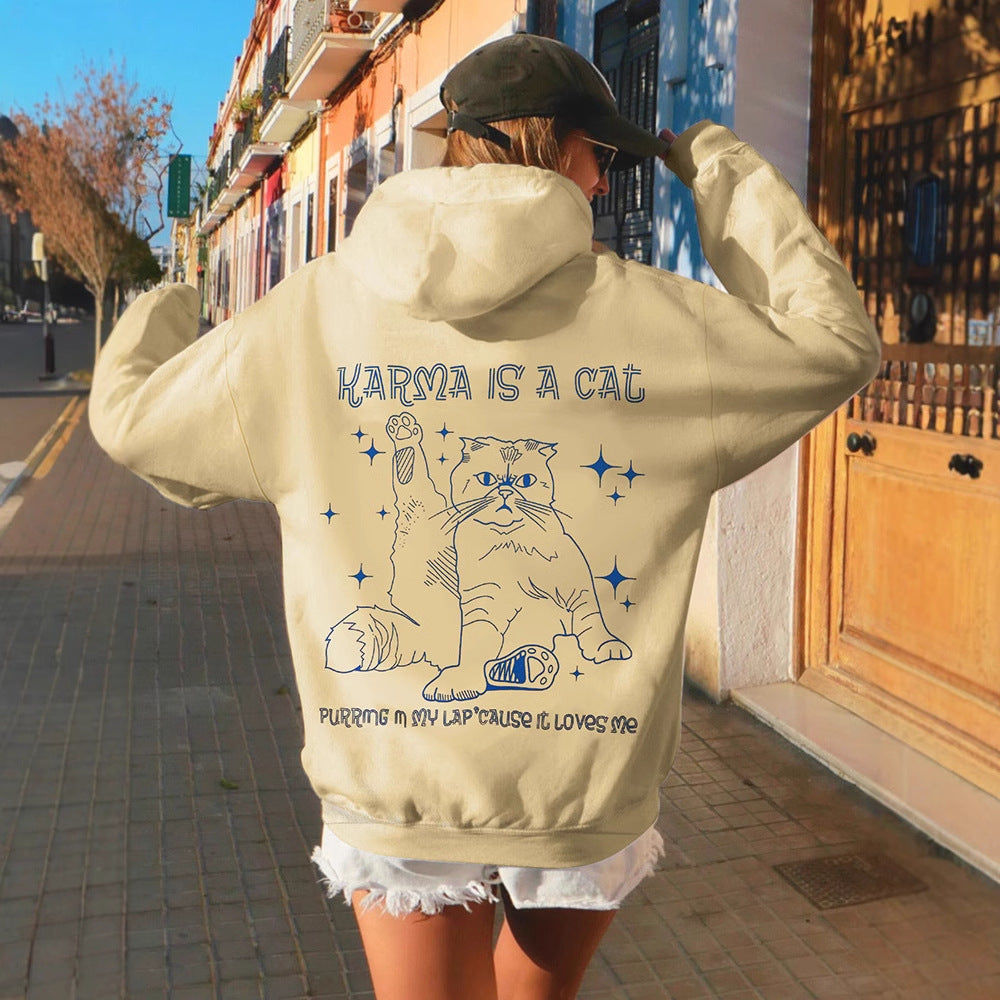 Loose Fit Hooded Sweatshirt with 'Karma is a Cat' Print