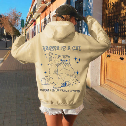 Loose Fit Hooded Sweatshirt with 'Karma is a Cat' Print