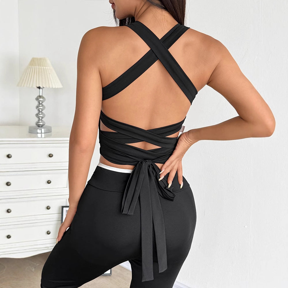 Solid Crop Top with Halter Neck and Criss-Cross Tie-Back