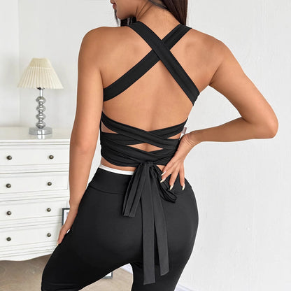 Solid Crop Top with Halter Neck and Criss-Cross Tie-Back