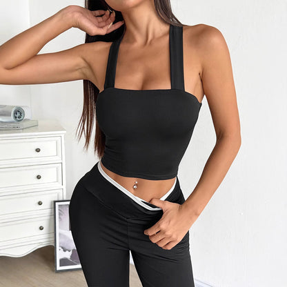 Solid Crop Top with Halter Neck and Criss-Cross Tie-Back