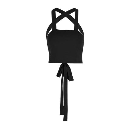 Solid Crop Top with Halter Neck and Criss-Cross Tie-Back