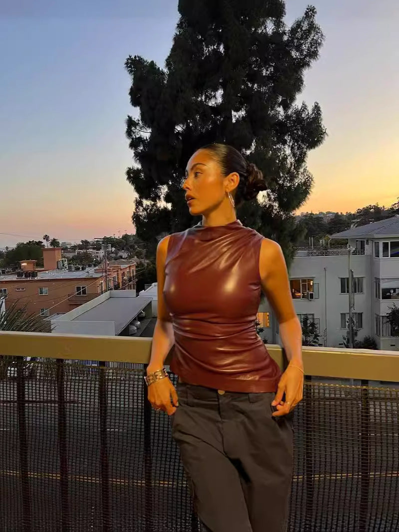 Sleeveless Top with PU Leather and Mock Neck