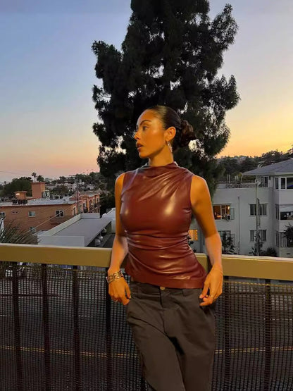 Sleeveless Top with PU Leather and Mock Neck