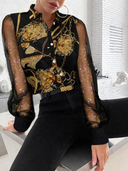 Baroque Print Button-Down Shirt with Sheer Mesh Sleeves