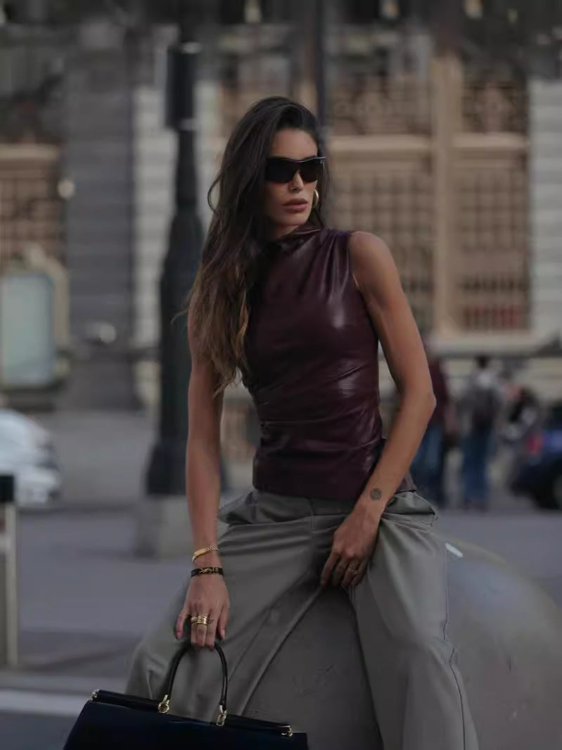 Sleeveless Top with PU Leather and Mock Neck