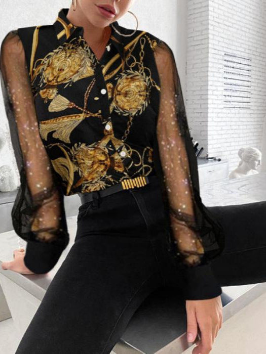 Baroque Print Button-Down Shirt with Sheer Mesh Sleeves