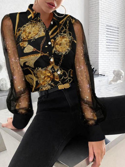 Baroque Print Button-Down Shirt with Sheer Mesh Sleeves
