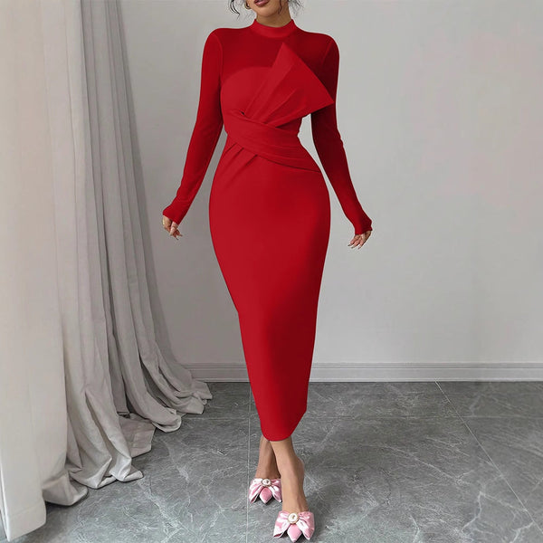 Bodycon Midi Dress with Sheer Mesh Top and Draped Bodice