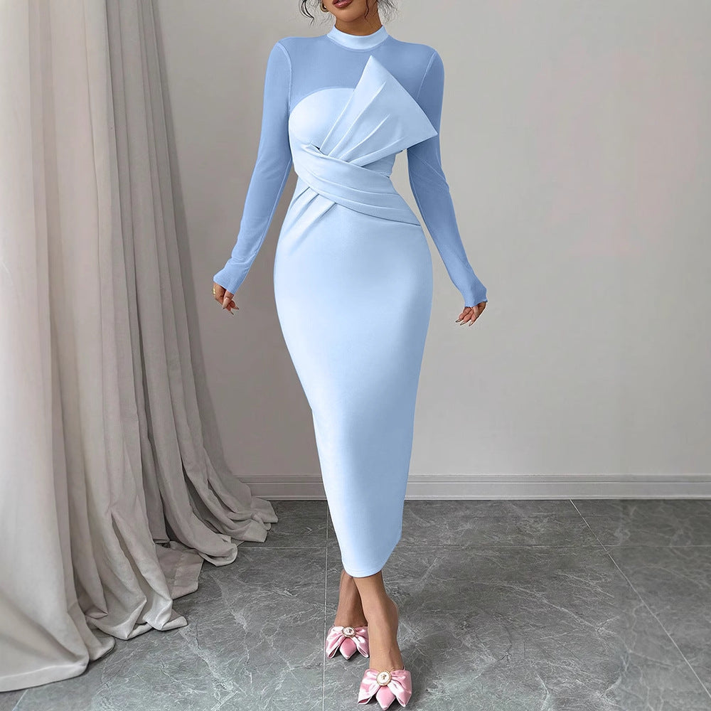 Bodycon Midi Dress with Sheer Mesh Top and Draped Bodice