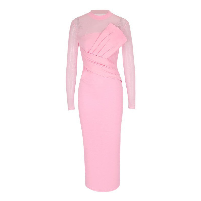 Bodycon Midi Dress with Sheer Mesh Top and Draped Bodice
