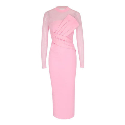 Bodycon Midi Dress with Sheer Mesh Top and Draped Bodice