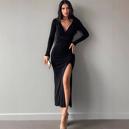 Long Sleeve Bodycon Dress with V-Neck and High Slit