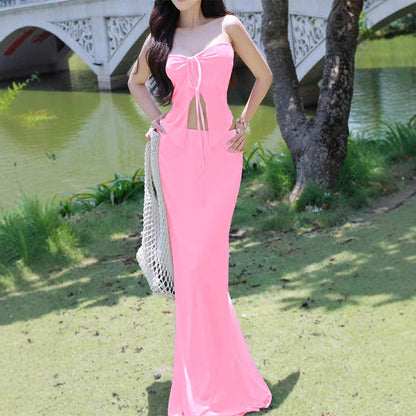 Solid Tube Top & Long Skirt Set with Front Tie Detail
