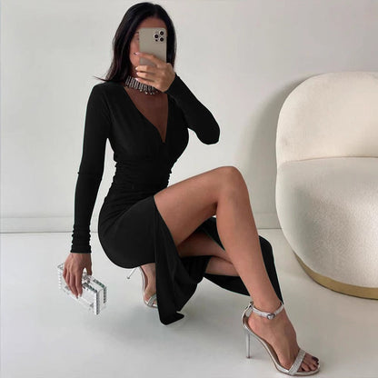 Long Sleeve Bodycon Dress with V-Neck and High Slit