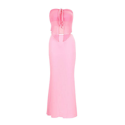 Solid Tube Top & Long Skirt Set with Front Tie Detail