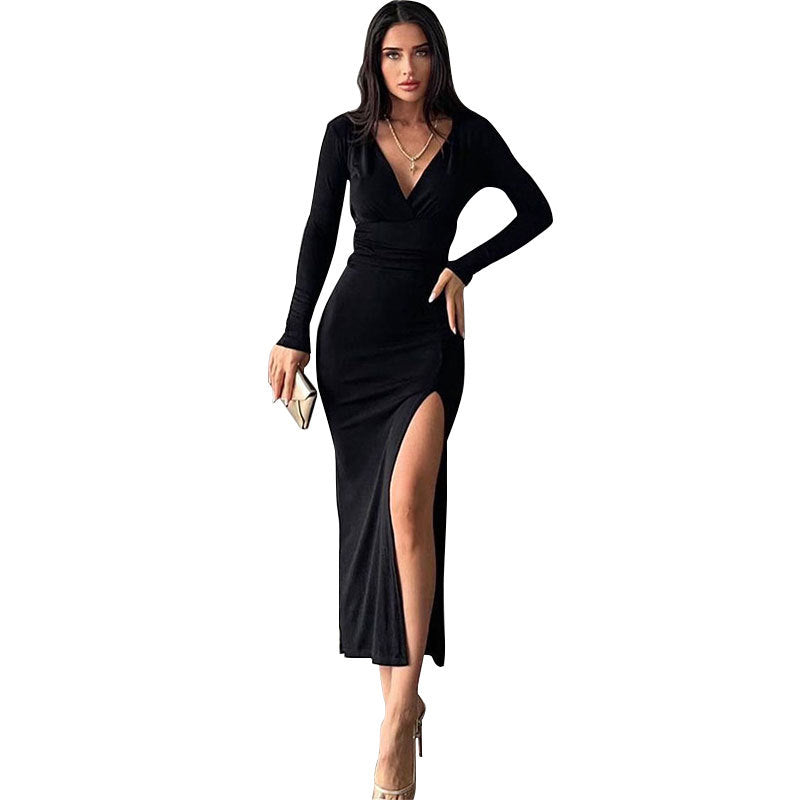 Long Sleeve Bodycon Dress with V-Neck and High Slit