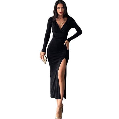 Long Sleeve Bodycon Dress with V-Neck and High Slit