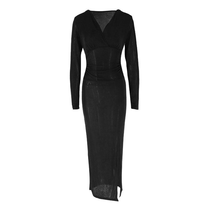 Long Sleeve Bodycon Dress with V-Neck and High Slit