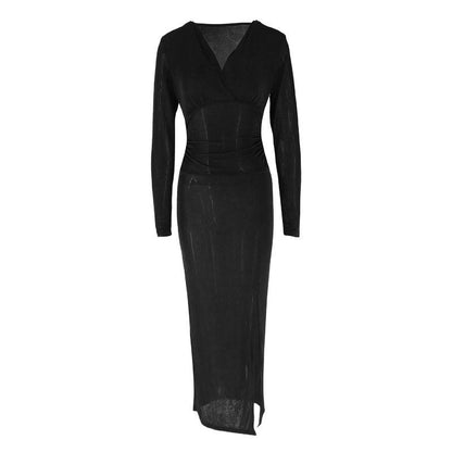 Long Sleeve Bodycon Dress with V-Neck and High Slit