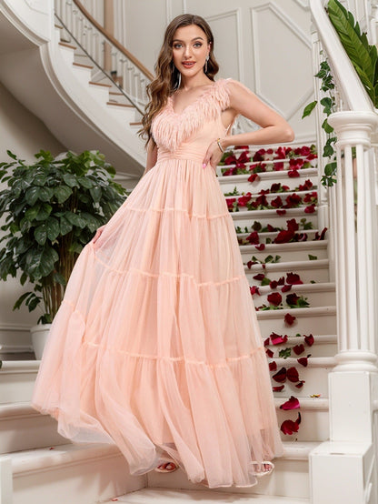 Tiered Tulle Maxi Dress with V-Neck and Feather Trim