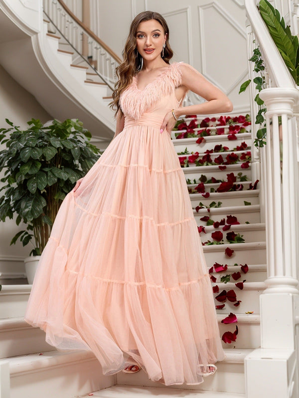 Tiered Tulle Maxi Dress with V-Neck and Feather Trim