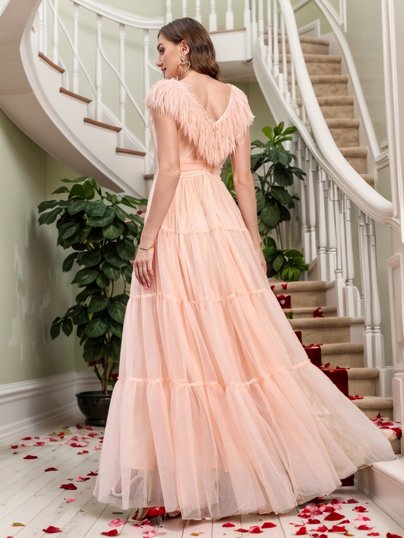 Tiered Tulle Maxi Dress with V-Neck and Feather Trim