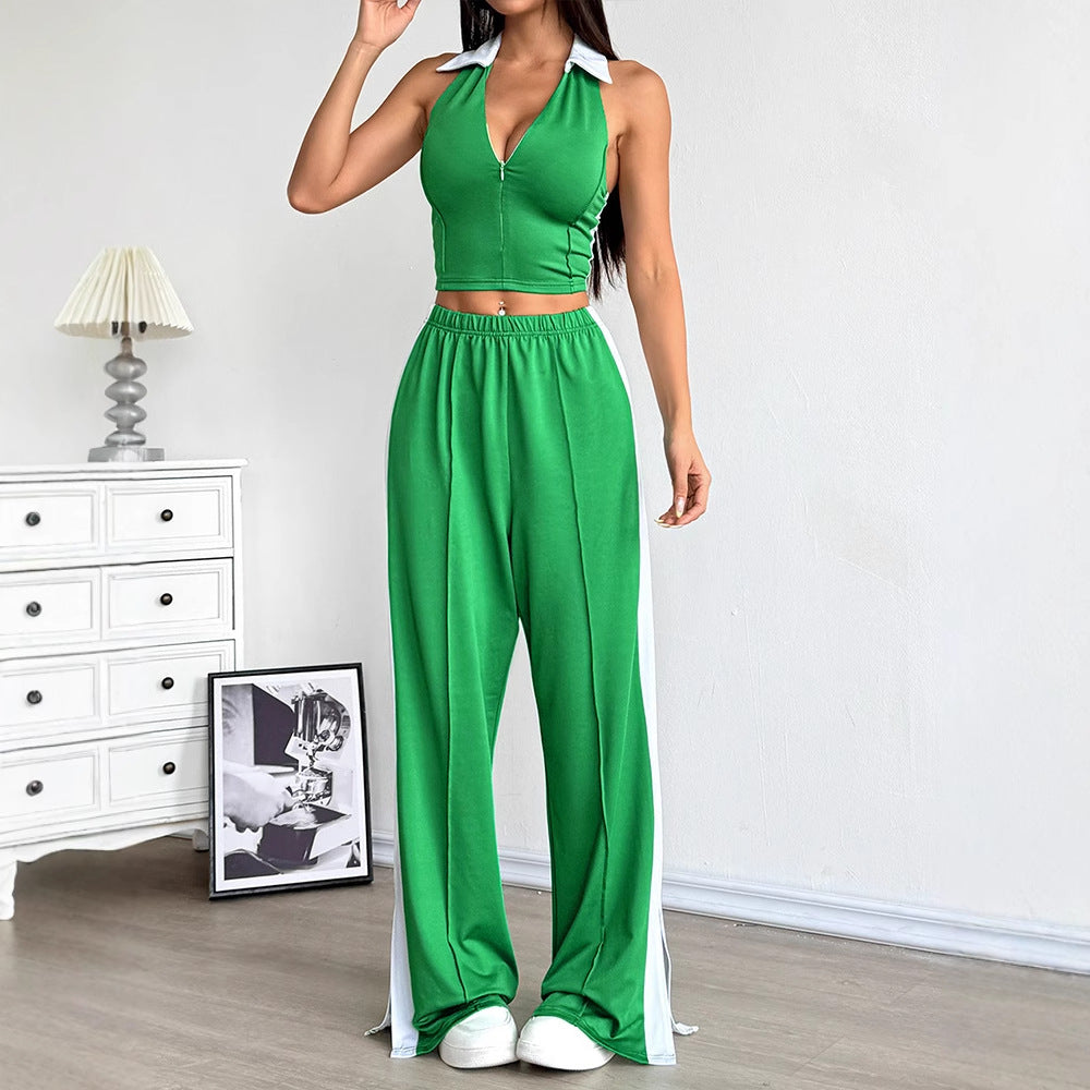 Halter Crop Top & Wide-Leg Track Pants Set with Side Stripe