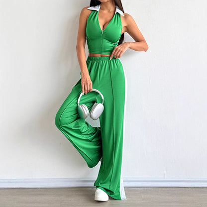 Halter Crop Top & Wide-Leg Track Pants Set with Side Stripe