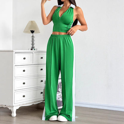 Halter Crop Top & Wide-Leg Track Pants Set with Side Stripe