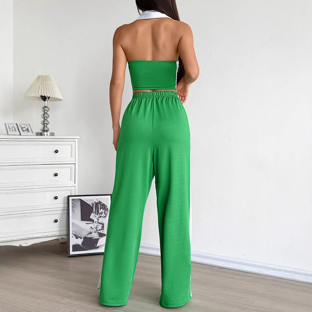 Halter Crop Top & Wide-Leg Track Pants Set with Side Stripe