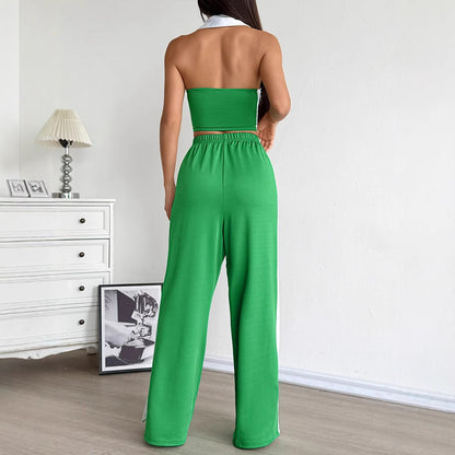 Halter Crop Top & Wide-Leg Track Pants Set with Side Stripe