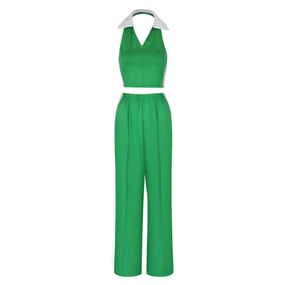 Halter Crop Top & Wide-Leg Track Pants Set with Side Stripe