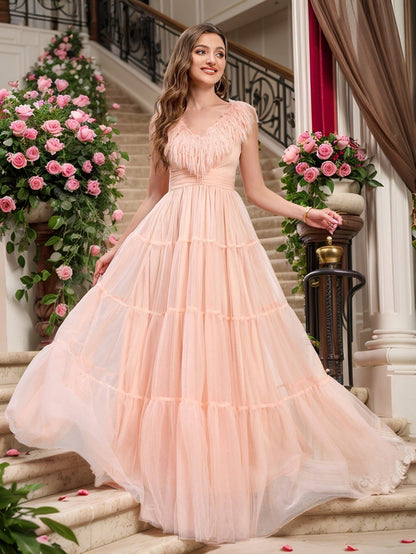 Tiered Tulle Maxi Dress with V-Neck and Feather Trim
