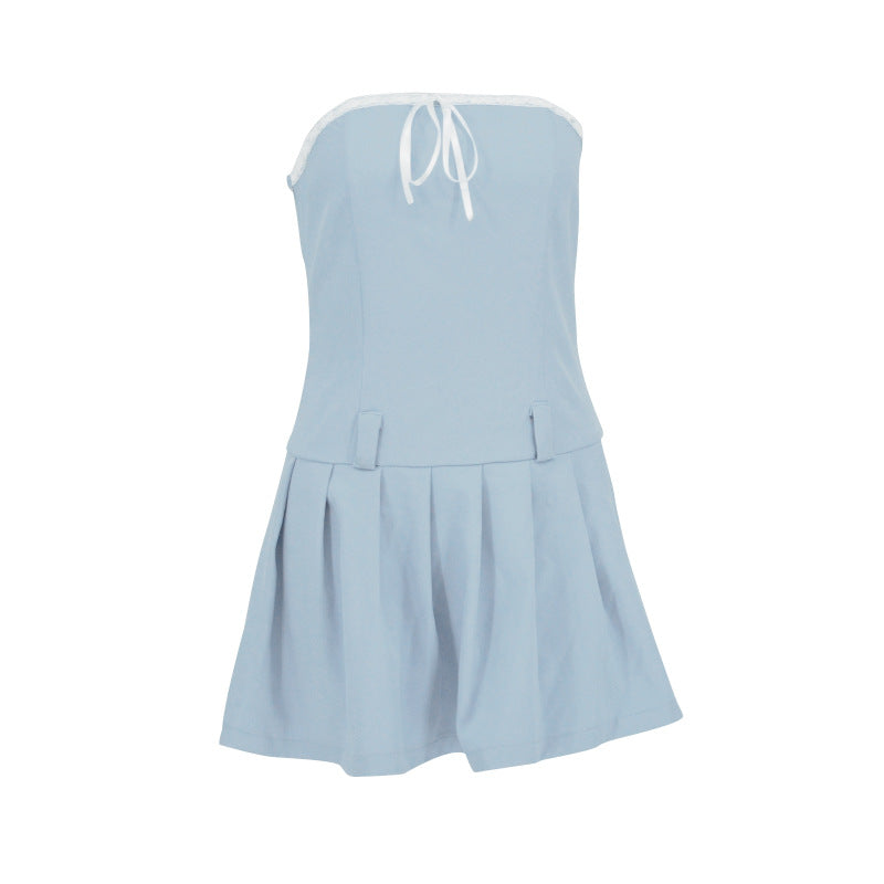 Strapless Mini Dress with Ribbon Ties and Pleated Skirt