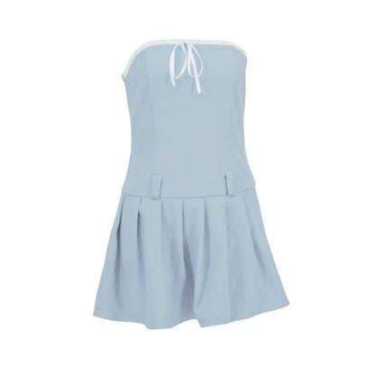 Strapless Mini Dress with Ribbon Ties and Pleated Skirt