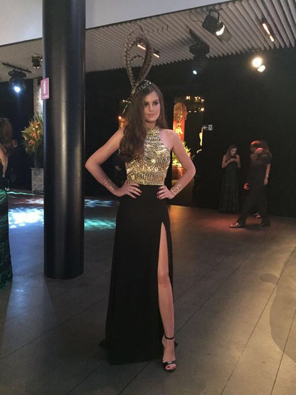Sheath Maxi Dress with Gold Embellished Halter Neck and High Slit