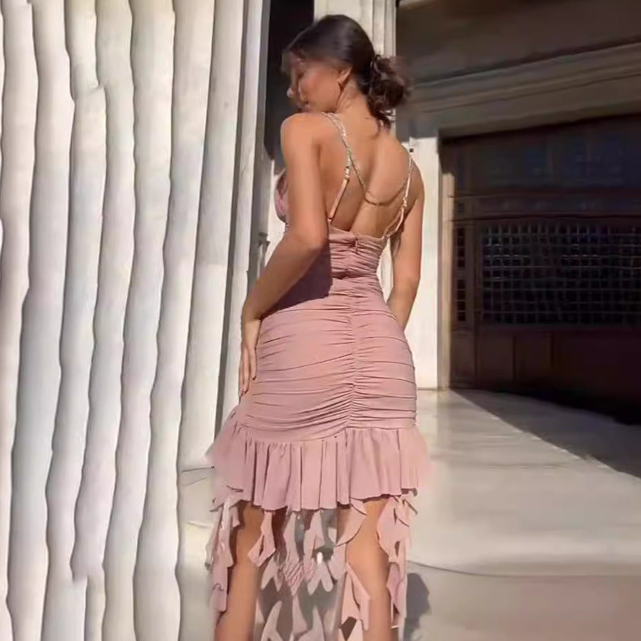 Ruched Bodycon Dress with Deep V-Neck and Fringe Hem