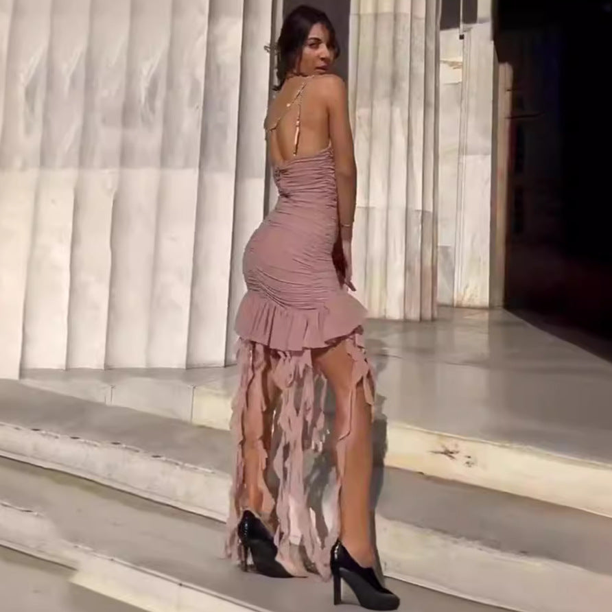 Ruched Bodycon Dress with Deep V-Neck and Fringe Hem