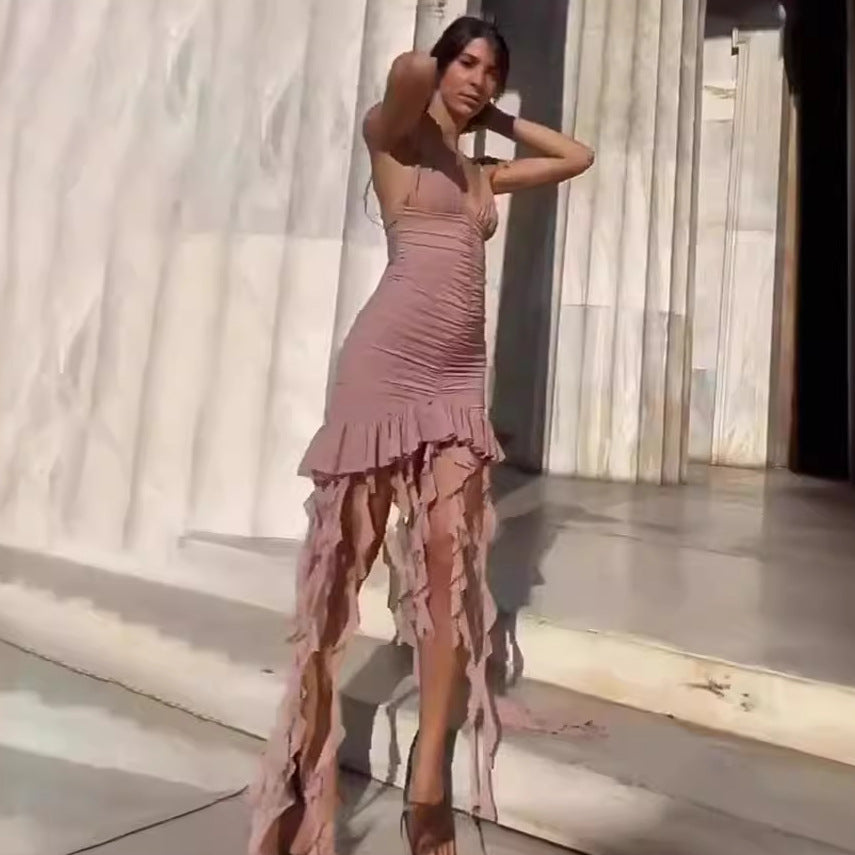 Ruched Bodycon Dress with Deep V-Neck and Fringe Hem