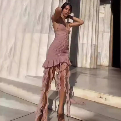 Ruched Bodycon Dress with Deep V-Neck and Fringe Hem