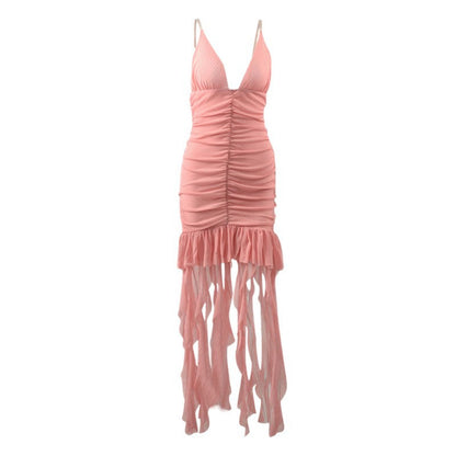 Ruched Bodycon Dress with Deep V-Neck and Fringe Hem