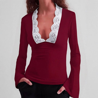 Slim Fit Long Sleeve Top with Deep V-Neck and Lace Trim