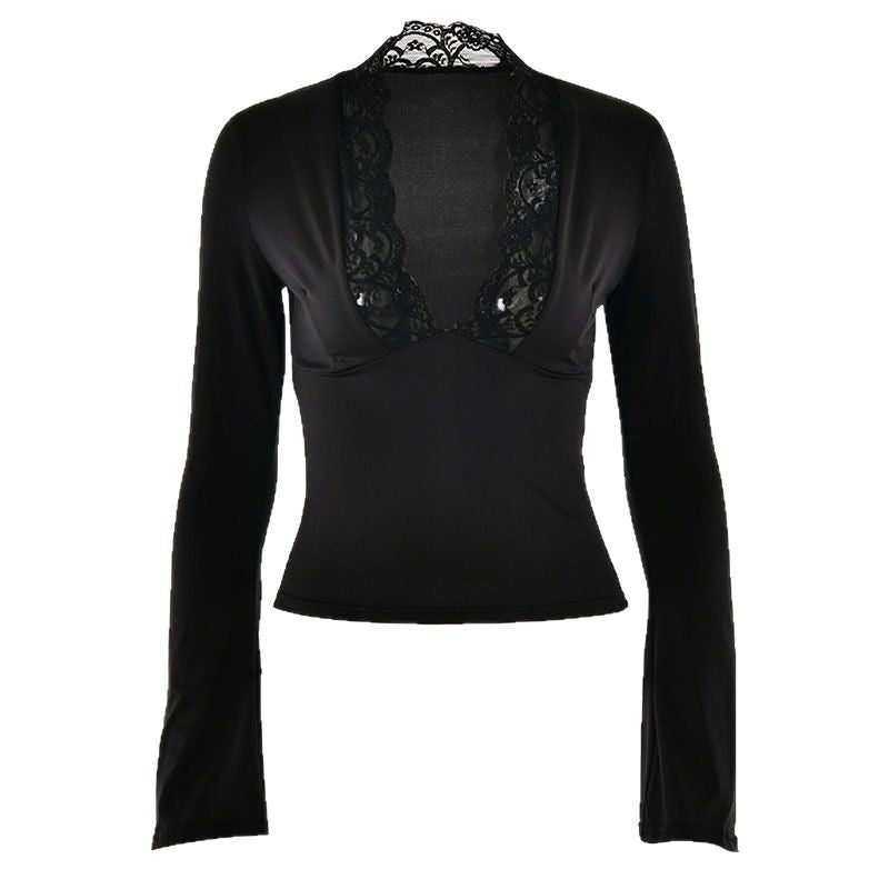 Slim Fit Long Sleeve Top with Deep V-Neck and Lace Trim