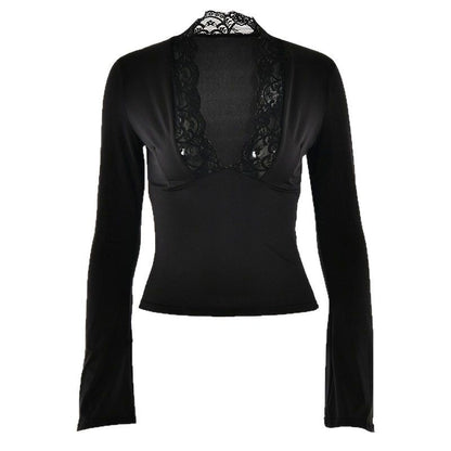 Slim Fit Long Sleeve Top with Deep V-Neck and Lace Trim