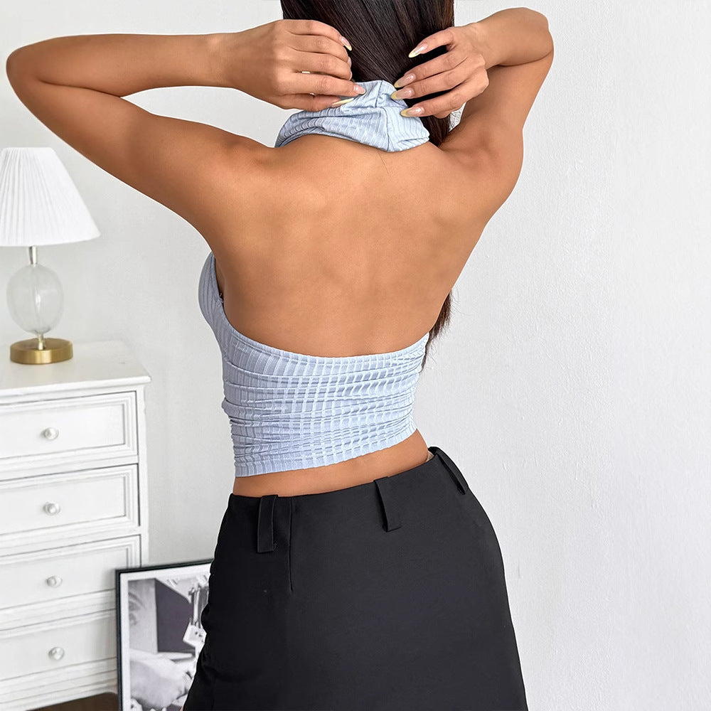 Ribbed Cropped Halter Top with Draped Cowl Neck