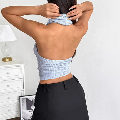 Ribbed Cropped Halter Top with Draped Cowl Neck