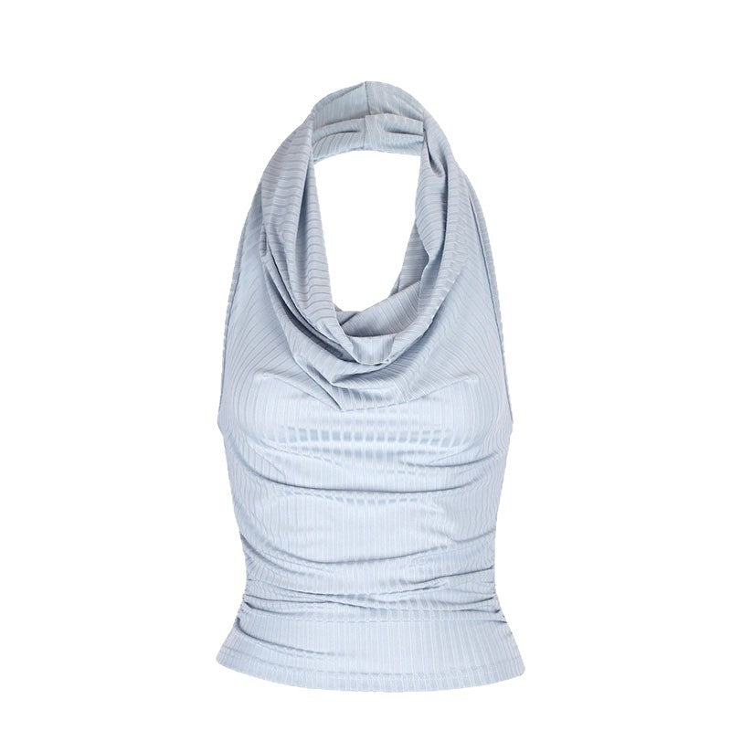 Ribbed Cropped Halter Top with Draped Cowl Neck