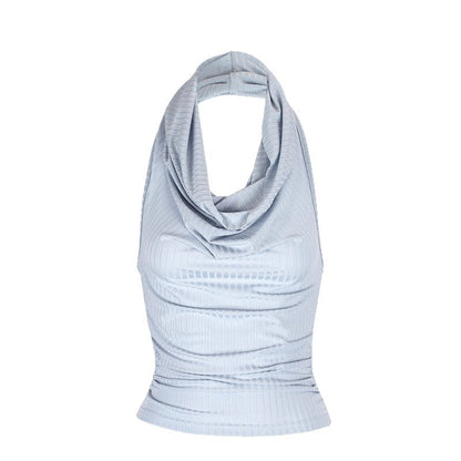 Ribbed Cropped Halter Top with Draped Cowl Neck